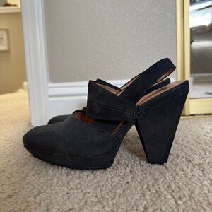 John Fluevog sling back high heel shoe, leather, matte black